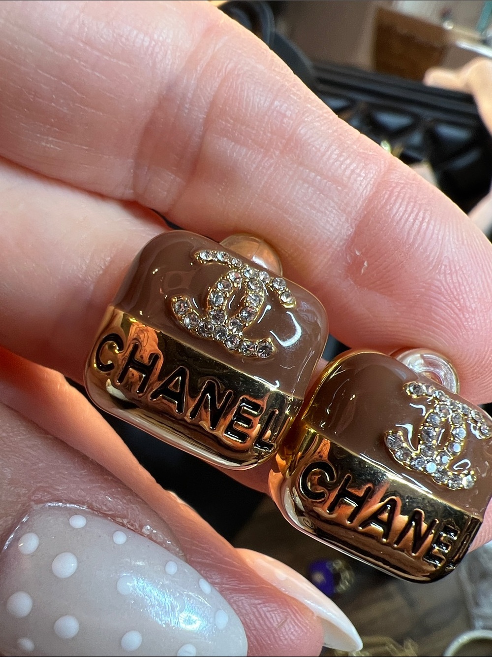 Brown Enamel and Gold C Crystal Logo Stud Earrings